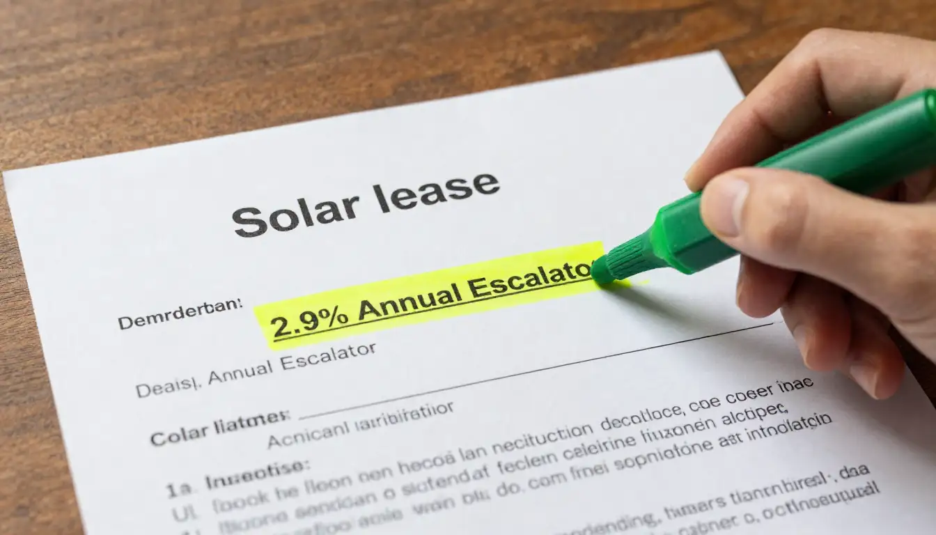 A hand highlighting a 2.9% annual escalator clause in a solar lease contract with a green highlighter on a wooden desk.