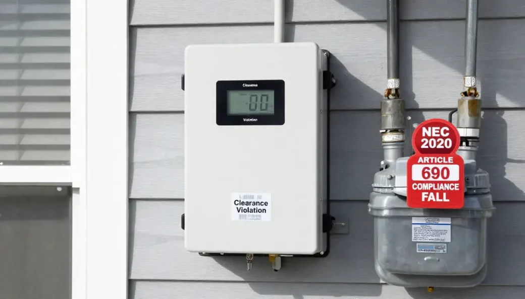 A solar inverter installed too close to a gas meter with a red NEC 2020 Article 690 compliance failure badge, illustrating a safety violation.