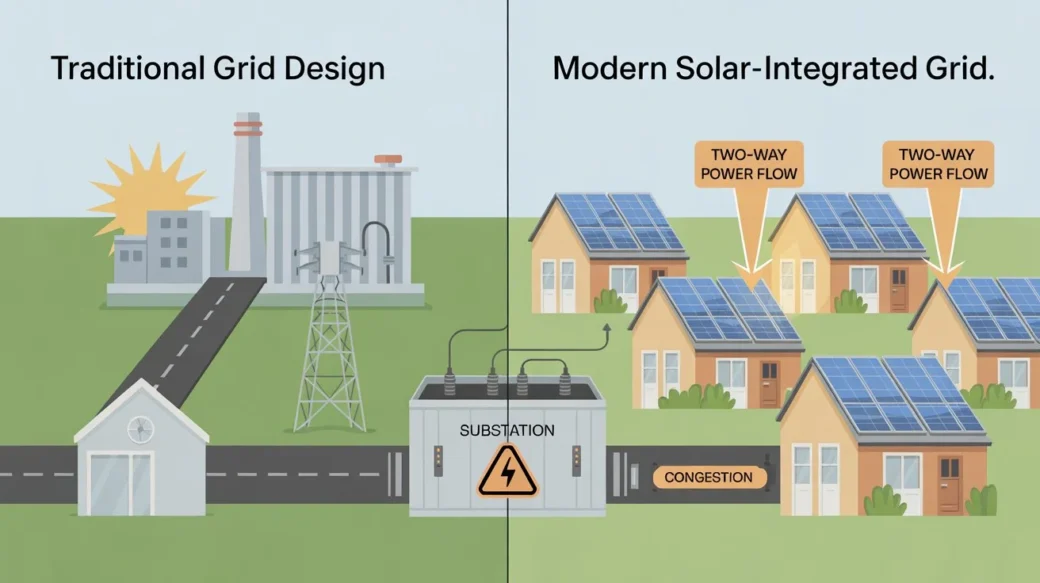 A split-screen technical diagram comparing a traditional one-way power grid to a modern solar-integrated grid with two-way flow, showing substation congestion.