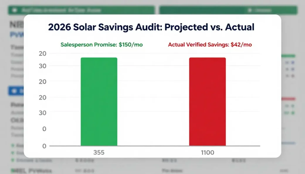 A bar chart comparing a $150/mo salesperson promise to a $42/mo actual verified savings, titled 2026 Solar Savings Audit.
