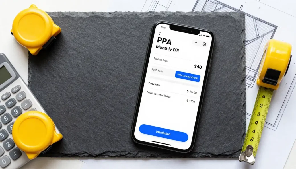 A top-down professional flat lay on dark slate, comparing a 'Solar PPA Monthly Bill' on a smartphone screen with a physical 'U.S. Federal Tax Credit' (Form 3468) on a desk for an analysis of whether solar power purchase agreements worth it in 2026.