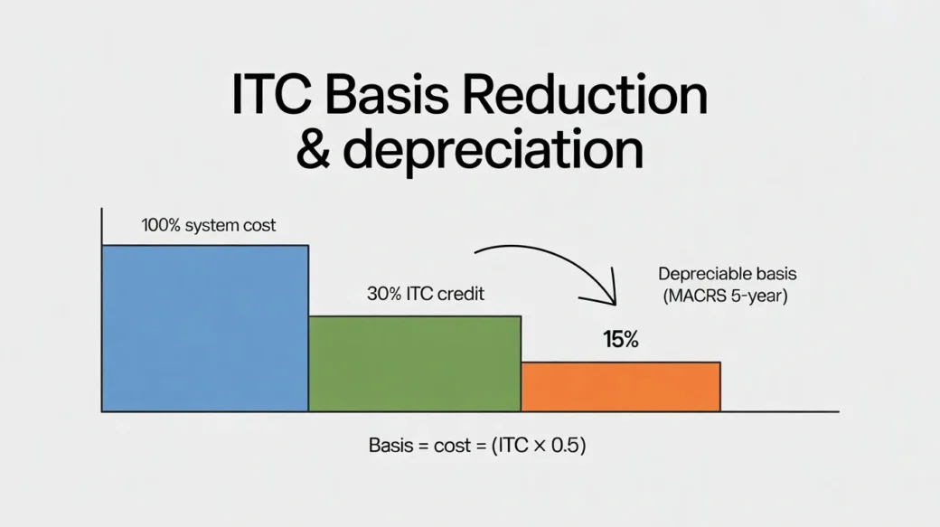 A minimalist educational diagram showing the interaction between the IRS Section 48 energy credit and MACRS depreciation, specifically the 50% basis reduction rule.