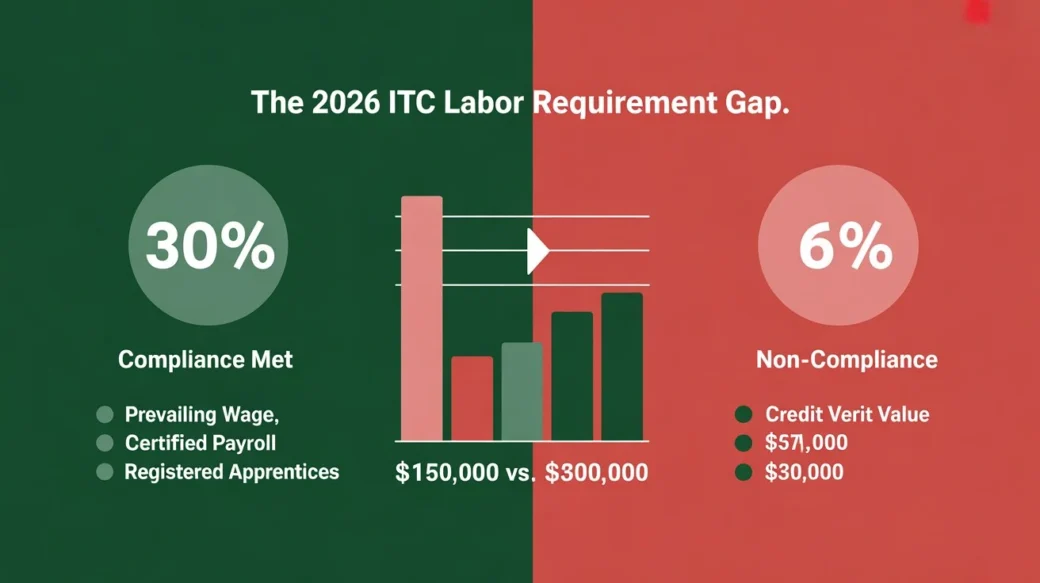 A professional infographic illustrating the IRS Section 48 energy credit value difference, comparing a 30% credit for meeting labor requirements versus a 6% credit for non-compliance.
