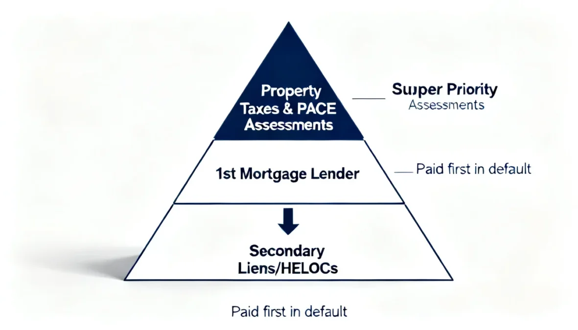 A pyramid diagram explaining debt priority where a PACE Loan Solar Attorney might intervene, showing PACE assessments as super-priority above mortgage lenders.
