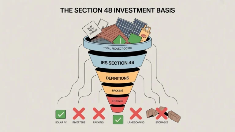 A 2D vector funnel diagram filtering project costs to determine the qualified investment basis for the IRS Section 48 energy credit, excluding non-energy structural costs.