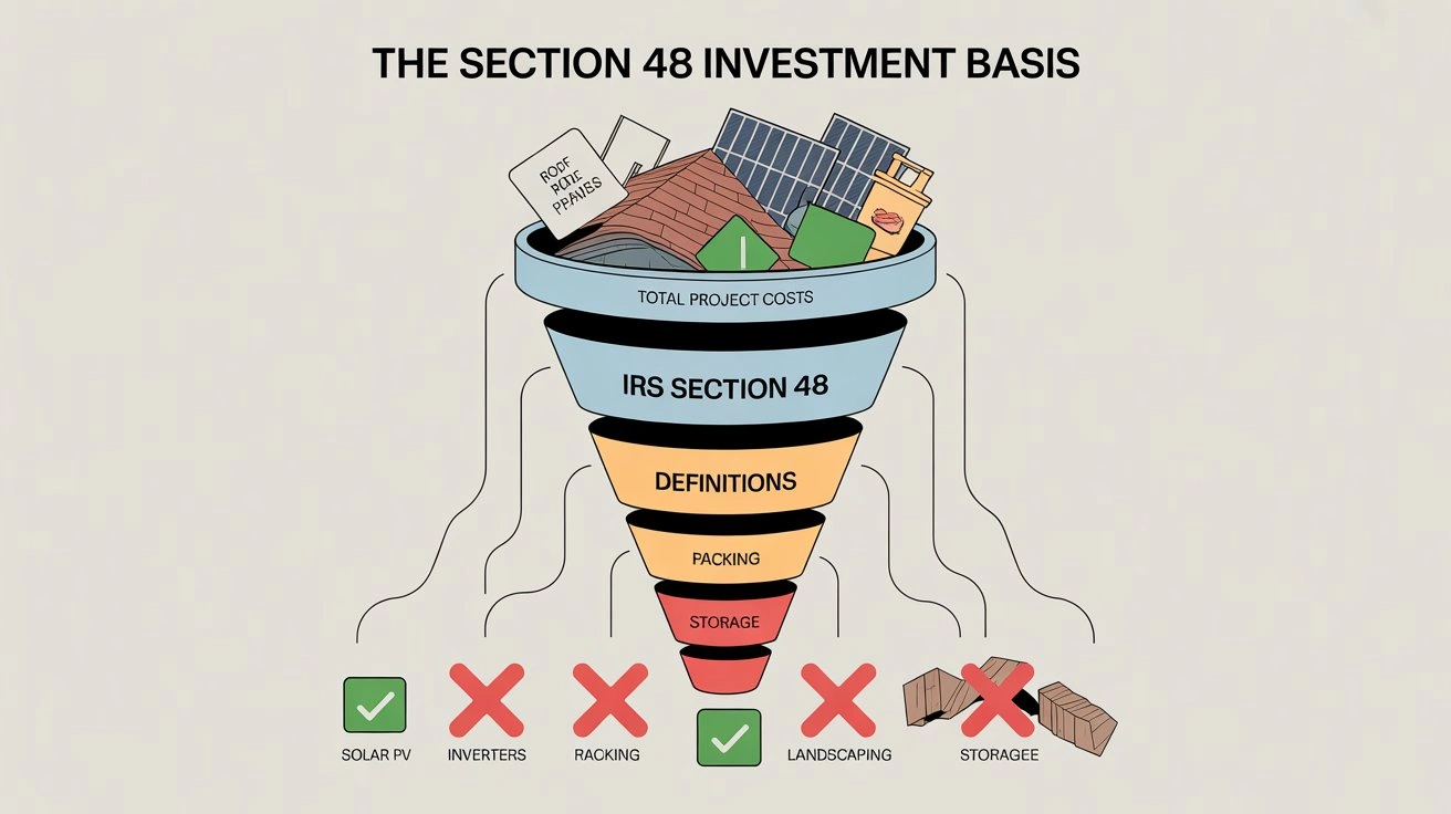 A 2D vector funnel diagram filtering project costs to determine the qualified investment basis for the IRS Section 48 energy credit, excluding non-energy structural costs.
