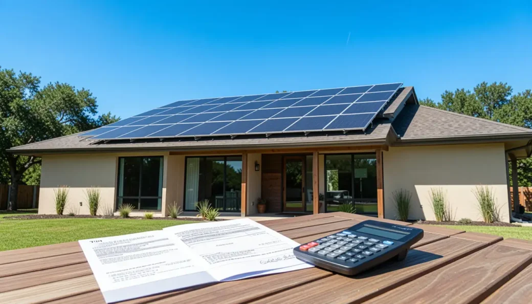 A calculator and legal documents on a wooden table in front of a Texas home with solar panels, representing a tax assessment dispute.