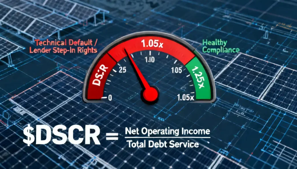 A technical gauge showing a Debt Service Coverage Ratio (DSCR) of 1.05x in a red zone, indicating a technical default that requires a solar project debt workout attorney.