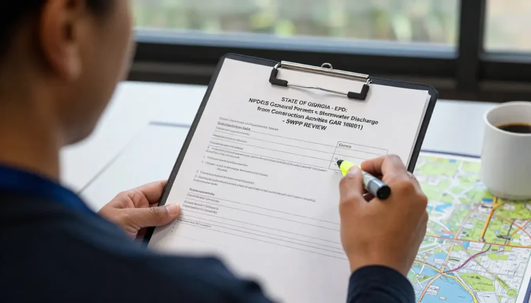 An over-the-shoulder view of a compliance officer highlighting an NPDES General Permit and SWPPP review document for a Solar farm runoff attorney Georgia construction site.