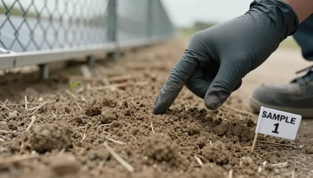 A close-up of a forensic investigator in black gloves pointing at a sediment deposit next to a "Sample 1" marker near a solar farm fence.
