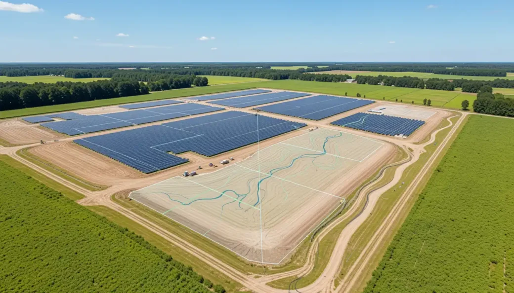 An aerial drone photograph of a utility-scale solar farm in Georgia with a digital topographic overlay showing water runoff paths and soil elevation.