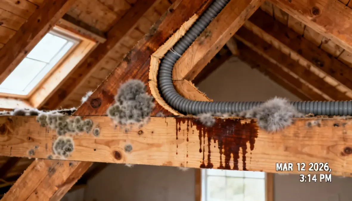Forensic photo of an attic interior showing a wooden truss that has been cut to accommodate conduit, resulting in wood rot, dark water staining, and significant mold growth. you can hire Solar Panel Property Damage Attorney for helping.