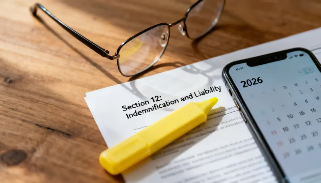 A top-down photo of a 2026 solar contract with a yellow highlighter on the Indemnification and Liability section