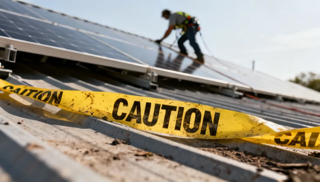 A forensic ground-level photo of broken caution tape at a solar site with a blurred worker on a roof without safety harnesses, which can help understand Solar Installation Injury Lawsuit.