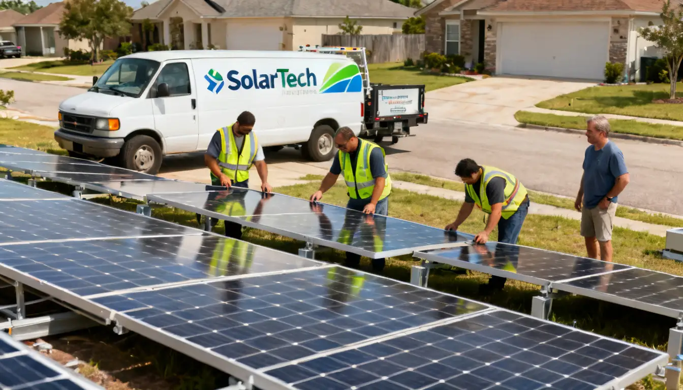 A wide-angle documentary photo of a residential solar installation in Texas with multiple contractor vehicles, showing workers and a homeowner.