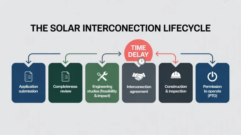 A horizontal flowchart showing the six stages of the solar interconnection process, highlighting significant interconnection delays between the study and agreement phases.