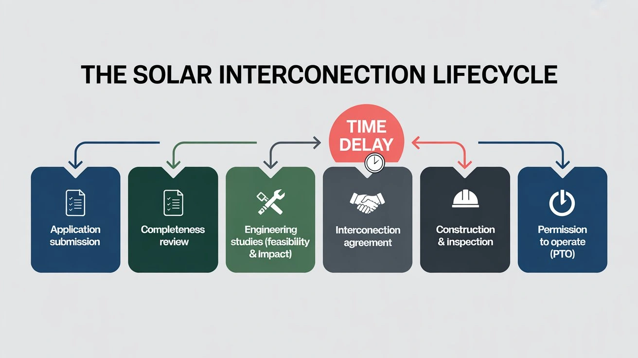 A horizontal flowchart showing the six stages of the solar interconnection process, highlighting significant interconnection delays between the study and agreement phases.