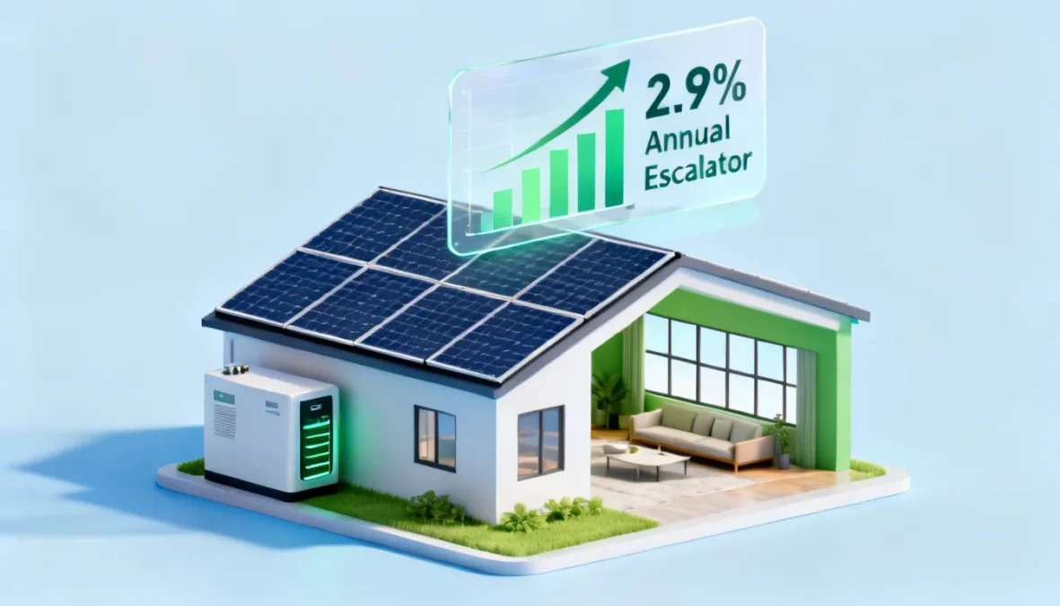 3D isometric house model with a digital overlay showing a 2.9% annual escalator, a common contract feature analyzed by a Solar Lease Buyout Attorney in California.