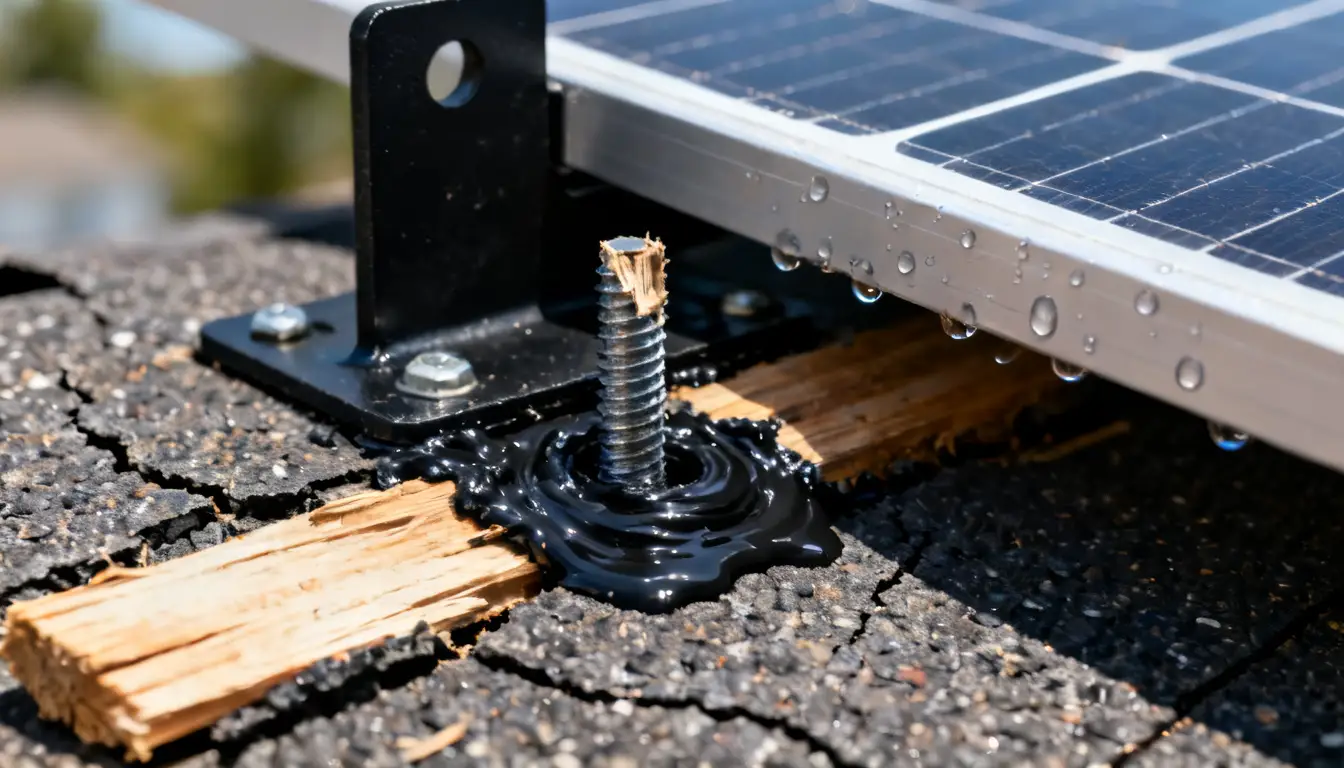 Macro shot of a solar panel mounting bolt penetrating a cracked shingle with insufficient sealant and exposed, splintered wood.