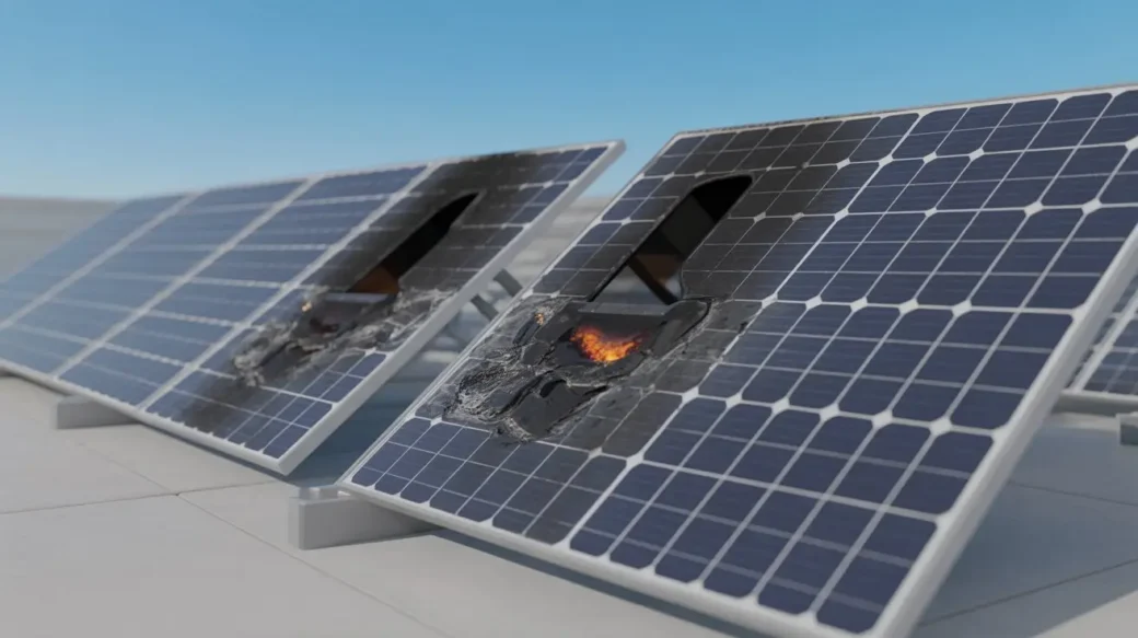 Close-up of burned solar panel module demonstrating fire risk in Solar Panel Fire and Safety Litigation