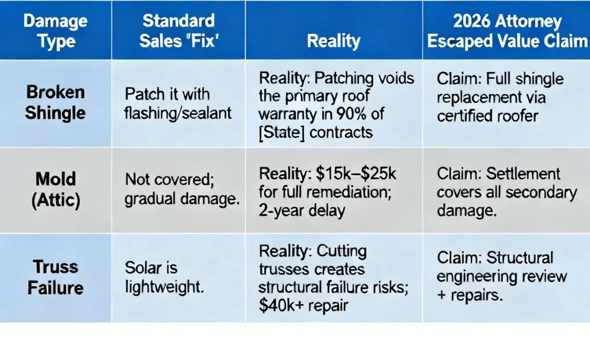 A table titled "The Projections vs. Reality" comparing standard solar sales fixes to actual structural consequences and attorney-backed value claims for broken shingles, attic mold, and truss failure.