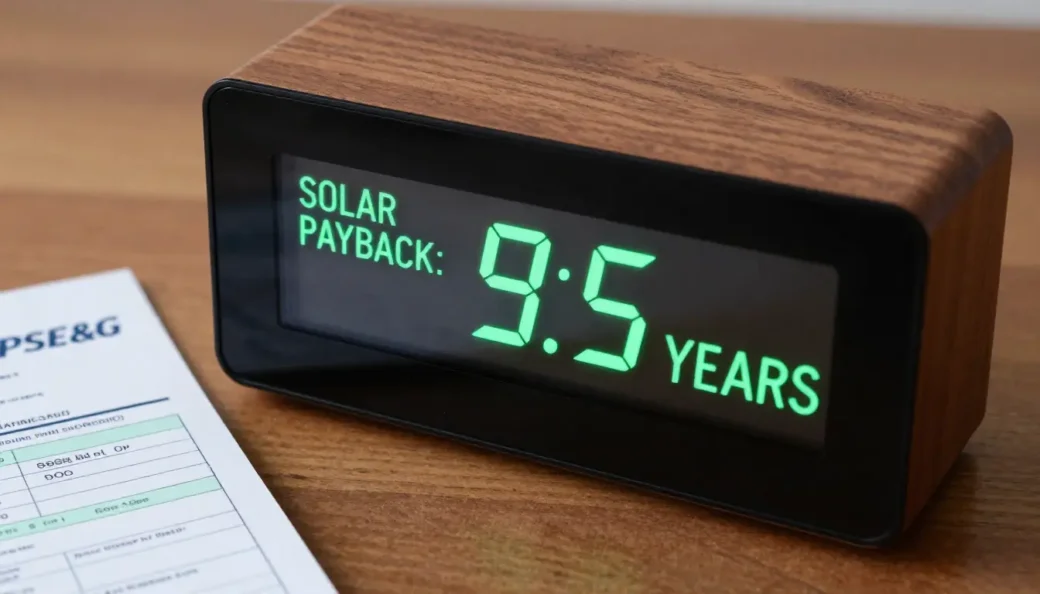 A digital desk clock next to a JCP&L bill showing a solar payback period new jersey 2026 of exactly 7.1 years.