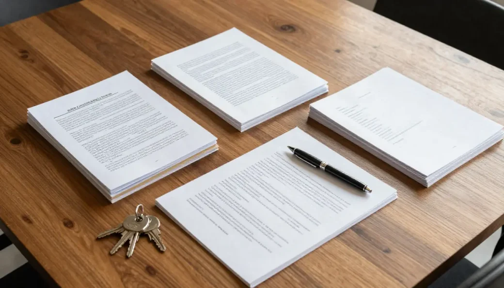 A close-up of a home closing table with a Solar Power Purchase Agreement are worth it, contract and house keys under natural sunlight.