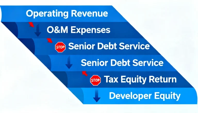 A vector infographic showing the cash flow waterfall of a distressed renewable energy project and where a solar project debt workout attorney intervenes to manage revenue distribution.