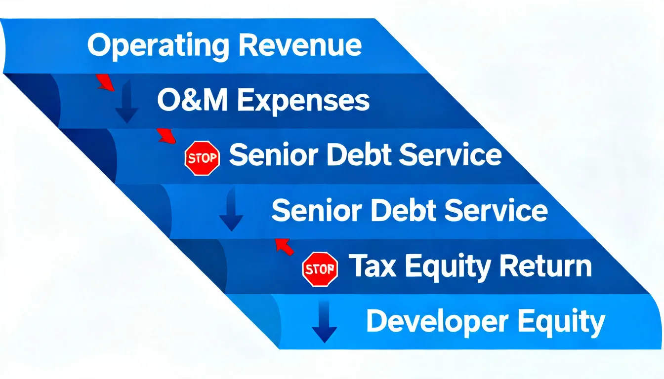 A vector infographic showing the cash flow waterfall of a distressed renewable energy project and where a solar project debt workout attorney intervenes to manage revenue distribution.