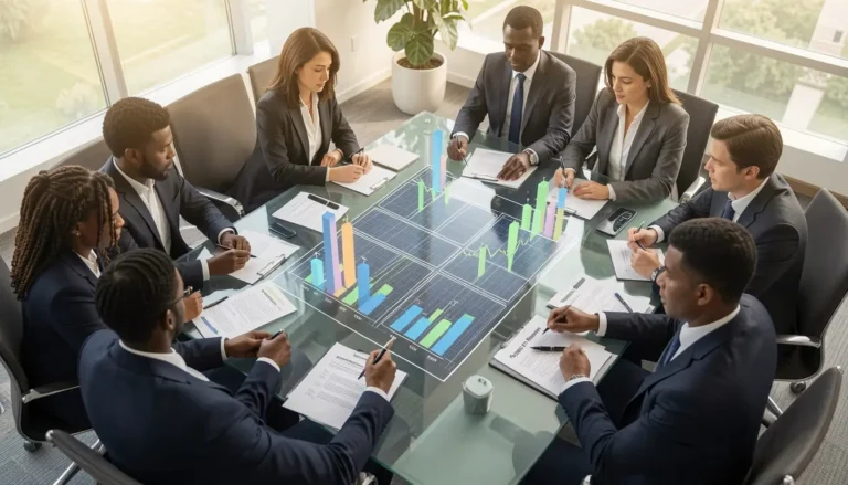 A solar project finance attorney and a legal team analyzing complex financial holographic charts in a modern Texas boardroom for a 2026 renewable energy deal.