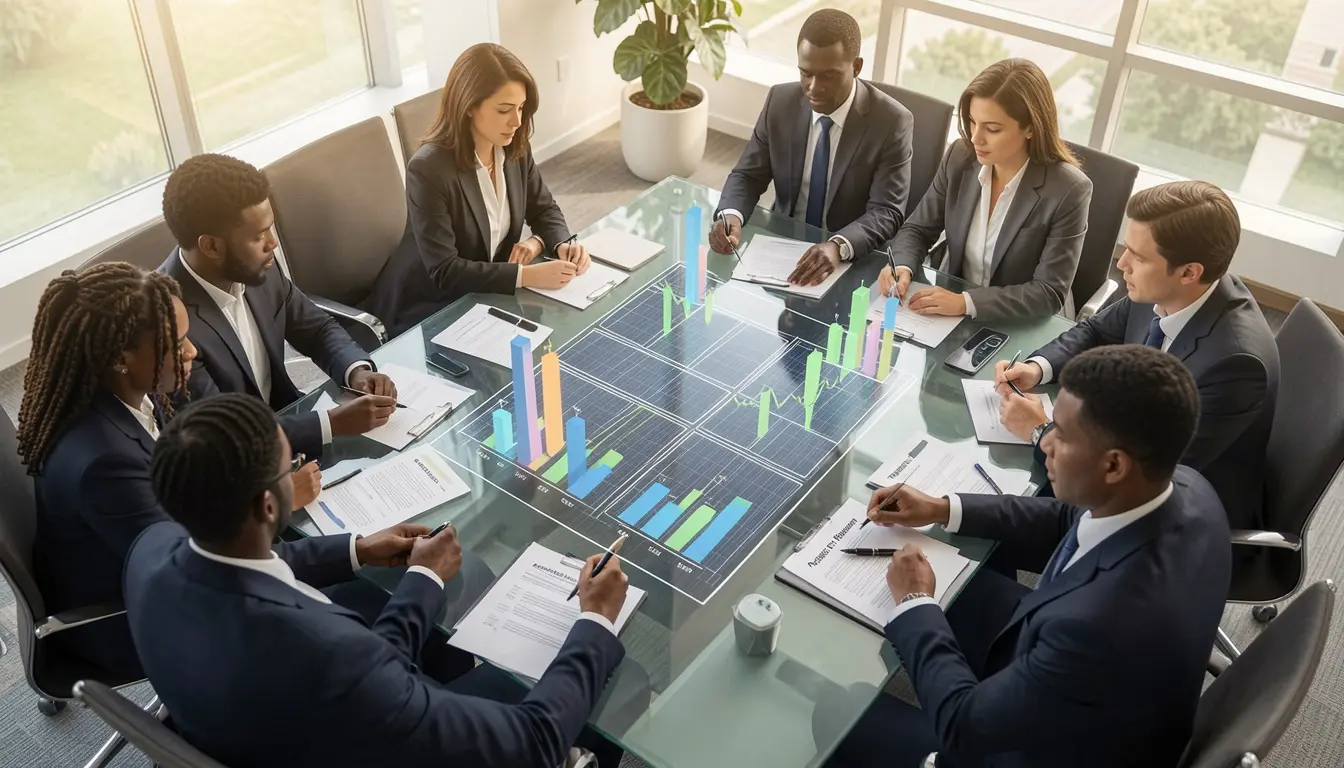 A solar project finance attorney and a legal team analyzing complex financial holographic charts in a modern Texas boardroom for a 2026 renewable energy deal.