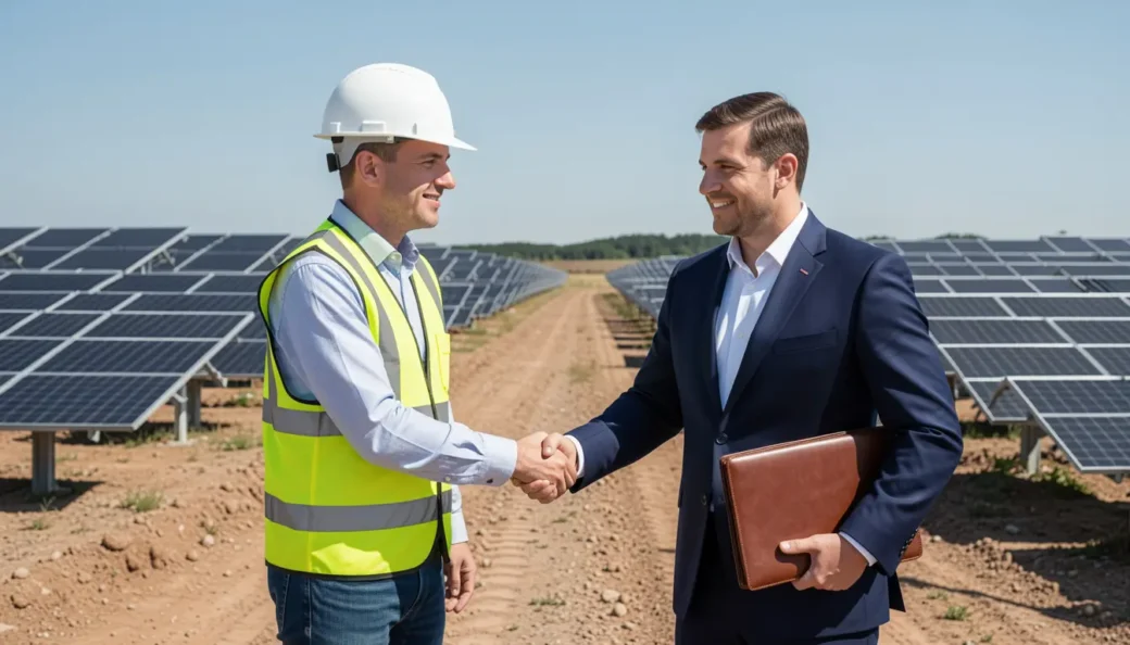 A professional handshake between a solar developer and a solar project finance attorney at a construction site after a successful financial closing.