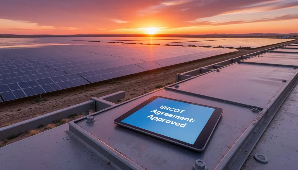 A digital tablet displaying an approved ERCOT interconnection agreement resting on a solar panel in a West Texas field during sunset.