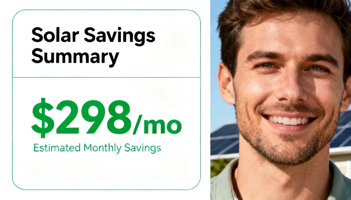 A happy homeowner next to a $298 monthly solar savings summary, often used by a PACE Loan Solar Attorney to contrast promised vs. actual benefits.