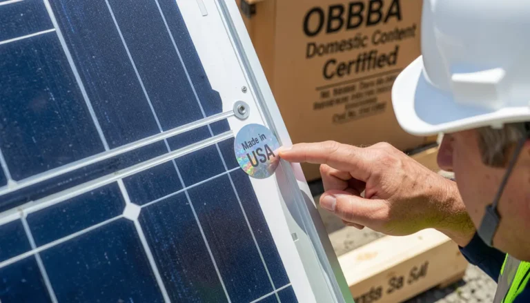 Close-up of a "Made in USA" holographic seal on a solar panel next to an OBBBA Domestic Content Certified box.