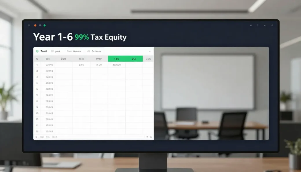 A digital monitor in a boardroom displaying a 99% solar tax equity partnership works structure for years one through six.