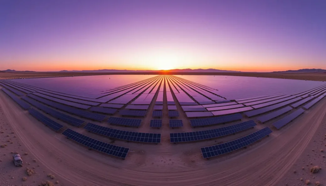 A drone panorama of a 100MW solar farm at sunset, representing a massive tax equity investment asset.