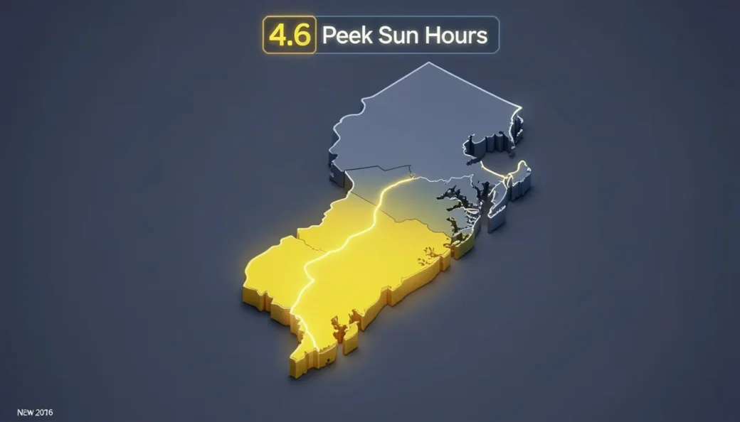 3D map of SREC-II New Jersey 2026 showing 4.6 peak sun hours in the south versus 4.2 in the north for solar production.