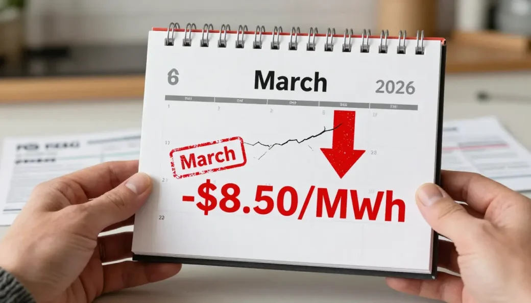 A 2026 calendar highlighting March 6 with a red arrow showing the $8.50 per MWh reduction in solar incentives.