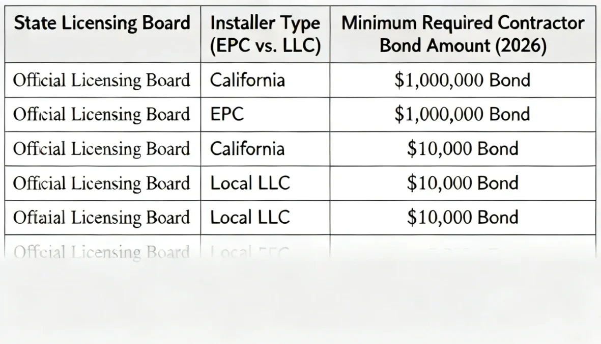 A 2026 table showing Minimum Required Contractor Bond Amounts, highlighting the difference between a $1,000,000 bond for EPC installers versus a $10,000 bond for local LLCs.