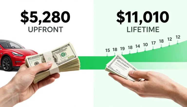 Infographic comparing a $5,280 upfront Tesla credit to an $11,010 lifetime SREC-II income stream.