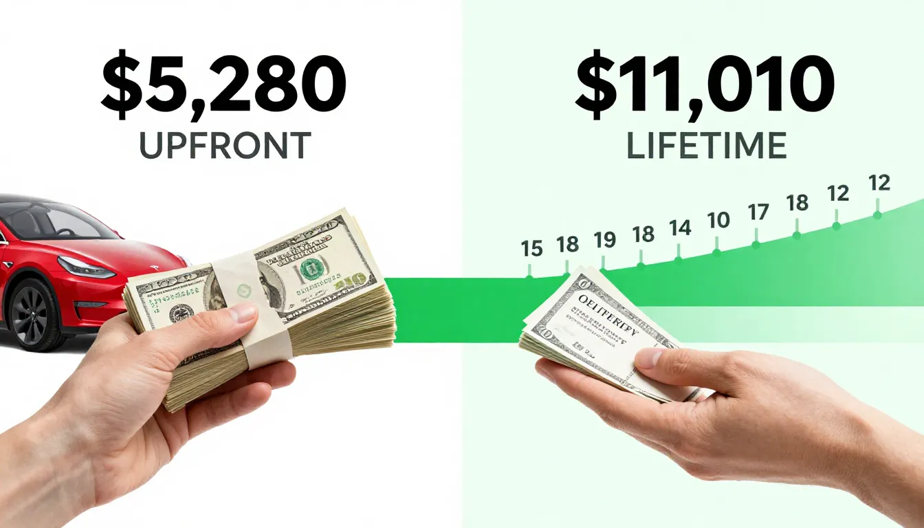 Infographic comparing a $5,280 upfront Tesla credit to an $11,010 lifetime SREC-II income stream.