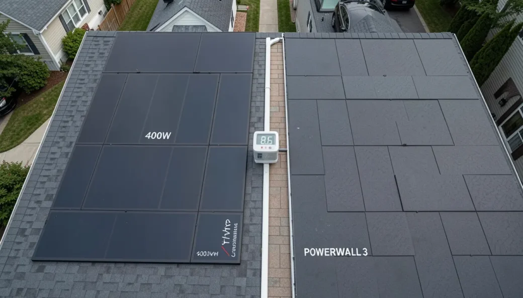 Wide-angle aerial view of a New Jersey home with a Tesla Solar Roof, highlighting the N.J.S.A. 54:4-3.113a property tax exemption.