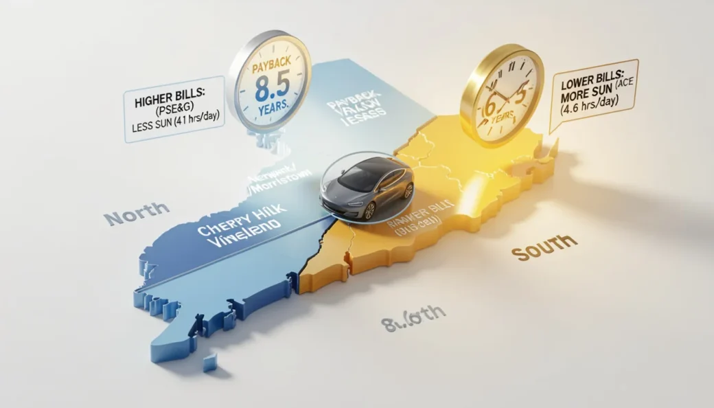 Split-screen view of a modern NJ home with Tesla solar cost New Jersey 2026 PSE&G electric bill showing a 22 cent per kWh rate.