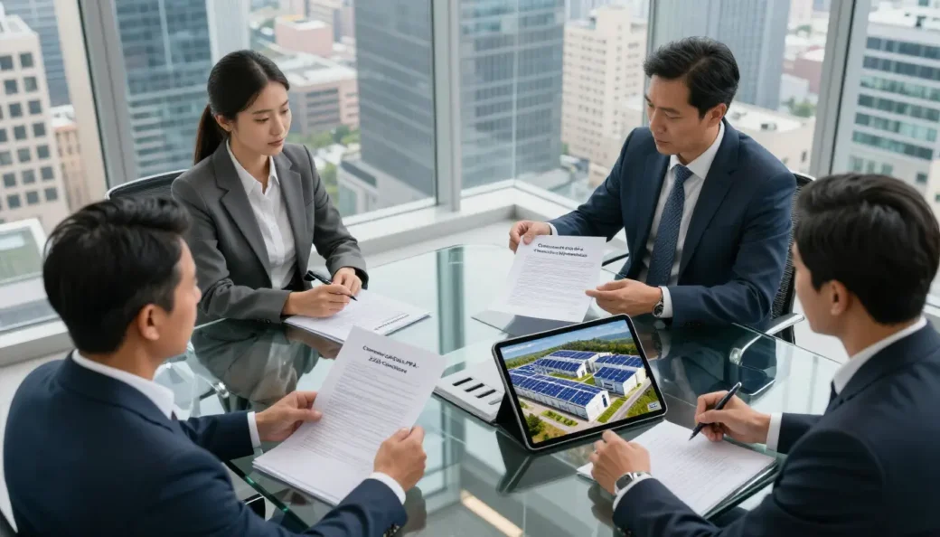 A legal team in a high-rise office reviewing Commercial Solar PPA laws and OBBBA compliance documents for a 2026 utility project.
