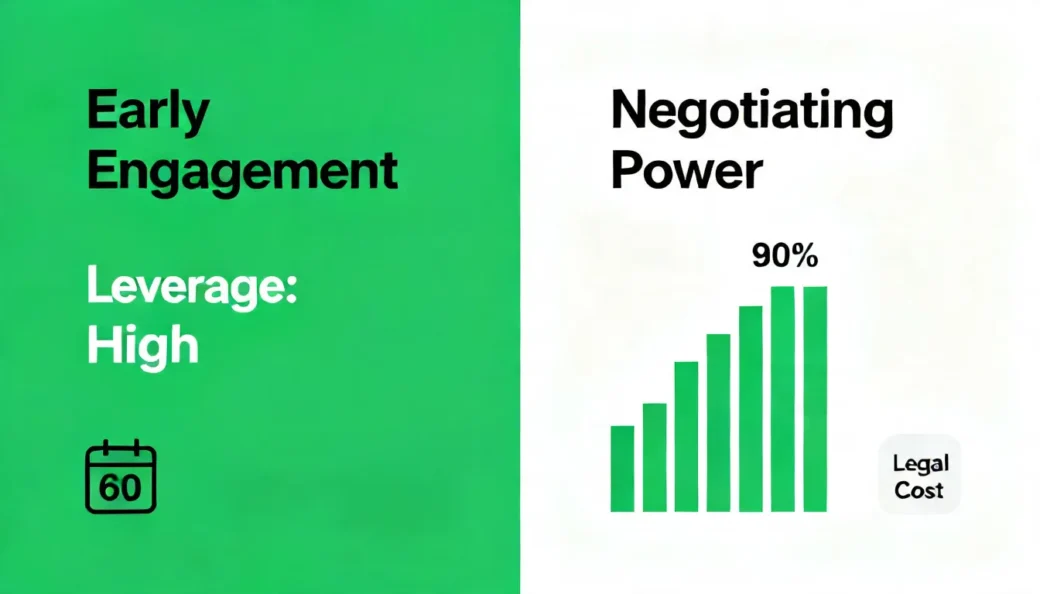 A split-screen comparison infographic showing how hiring a solar project debt workout attorney within 60 days of financial stress maximizes negotiating power vs. waiting for a default notice.