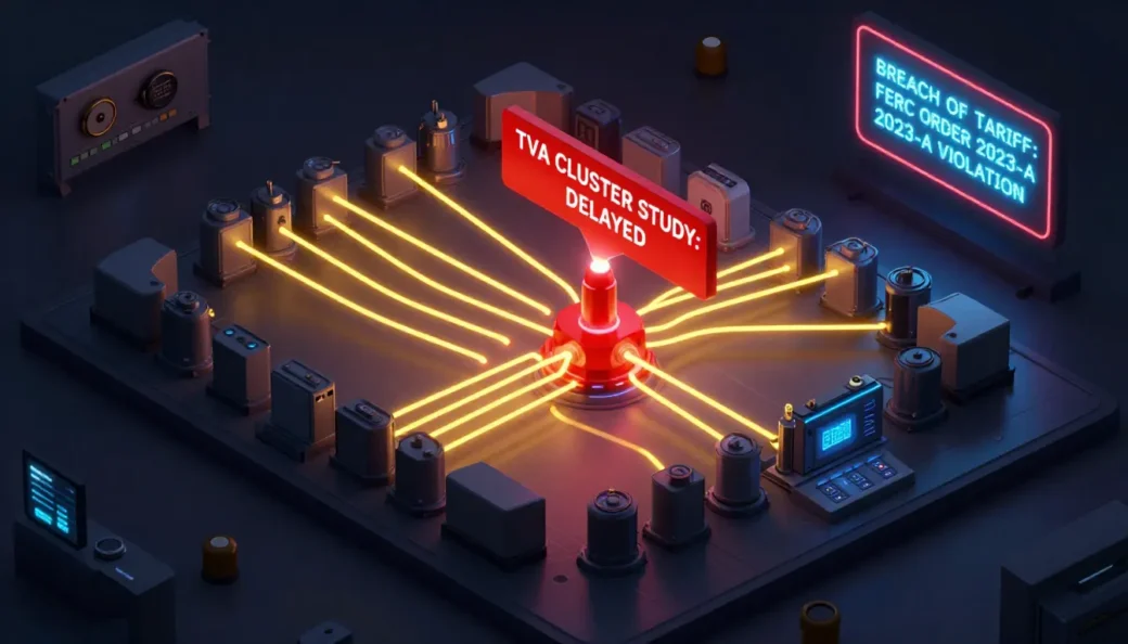 3D isometric visualization of a Tennessee power substation bottleneck labeled as a FERC Order 2023-A violation for a TVA Interconnection Breach Lawsuit.