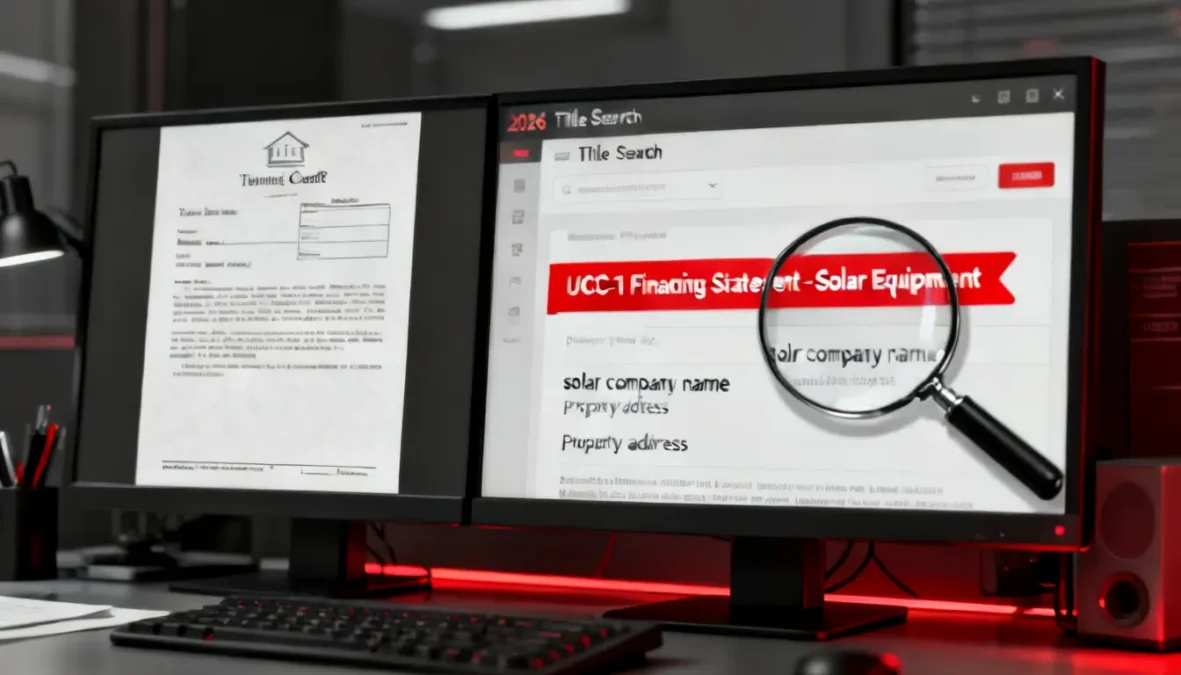 A magnifying glass over a computer screen displaying a UCC-1 Financing Statement for solar equipment, a document a Solar Lease Buyout Attorney in California helps remove during home sales.