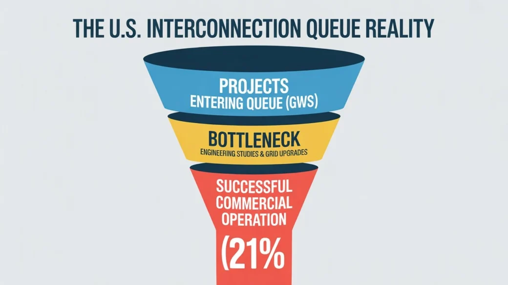 A vertical funnel infographic showing the low 21% success rate of solar projects moving through the U.S. interconnection queue due to study bottlenecks.