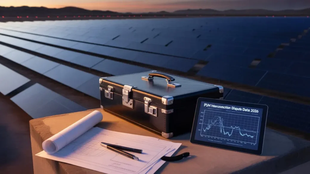 A detailed twilight photograph of a large-scale California solar farm under investigative review, featuring a legal briefcase and interconnection data to signify the complexity of 2026 solar law and utility disputes.